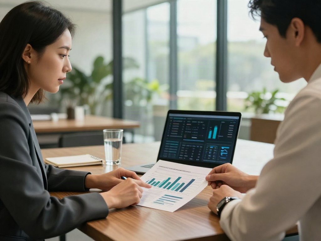 Consultants working together on printed analytics and a business performance dashboard
