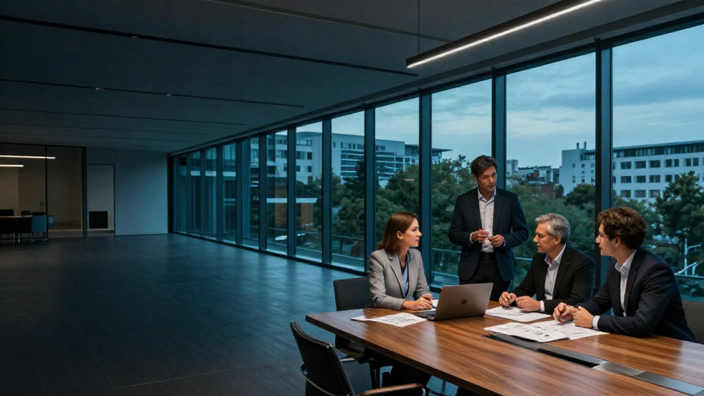 Strategy consultants reviewing business priorities in a modern office overlooking the city